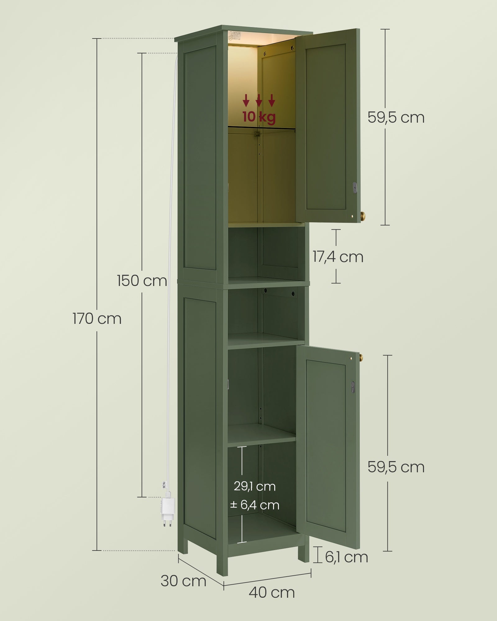 Badkamerkast - 170 cm Hoog - Met Verlichting - Landelijke Stijl - Bosgroen