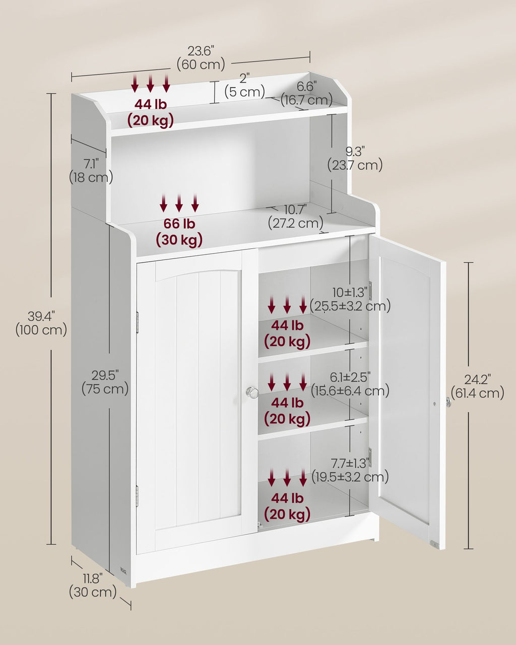 Badezimmerschrank - mit 2 Türen und Regalen - Wolkwit