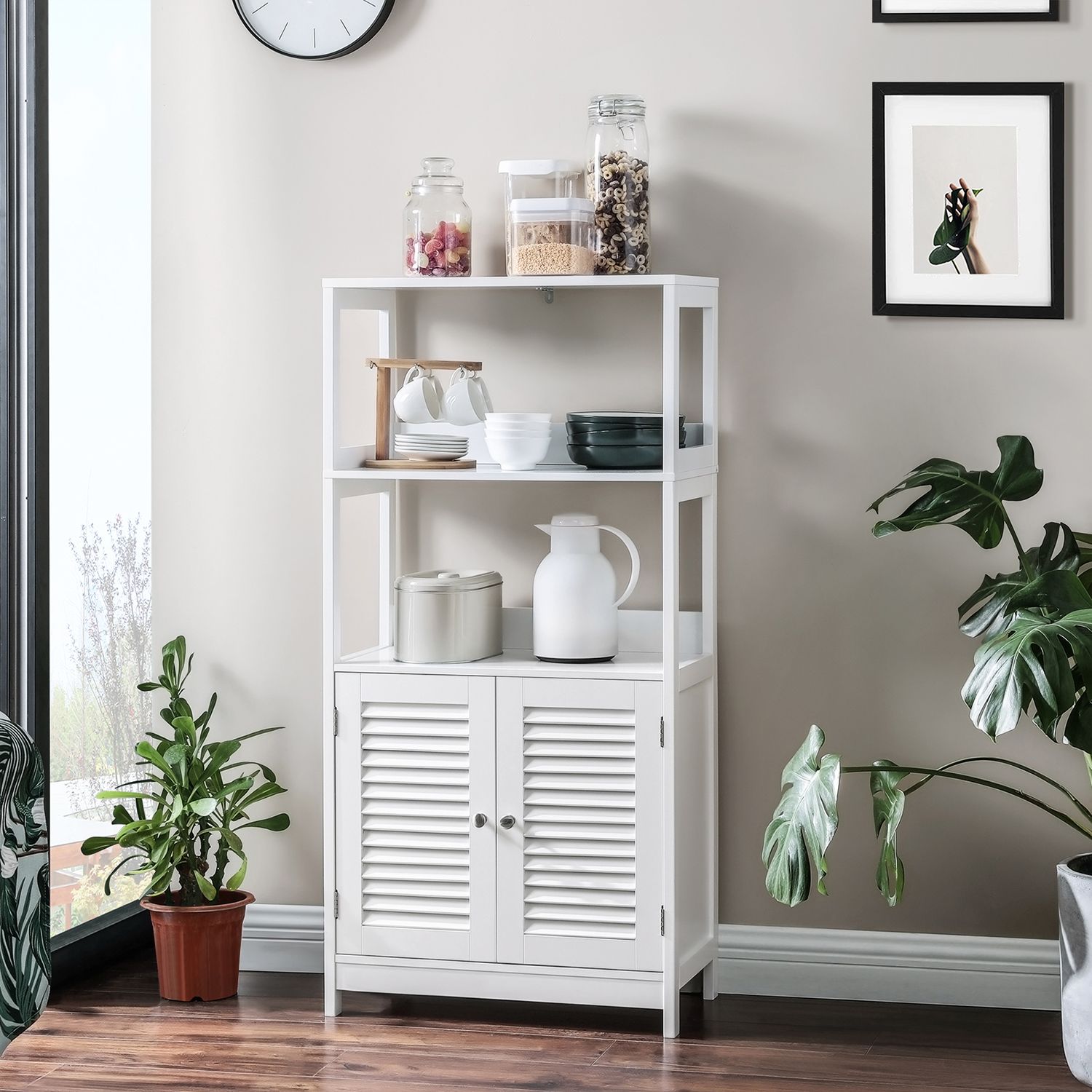 Badezimmerschrank - Hochschrank - mit offenen Fächern und 2 Türen - Weiß