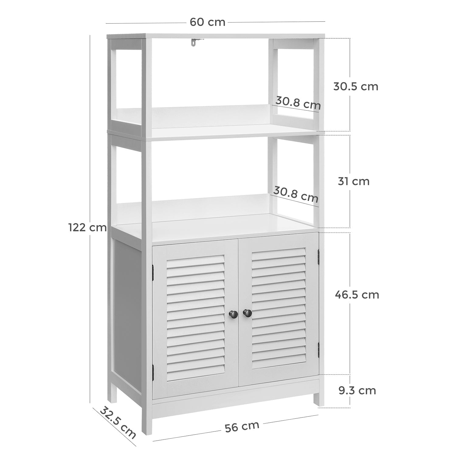 Badezimmerschrank - Hochschrank - mit offenen Fächern und 2 Türen - Weiß