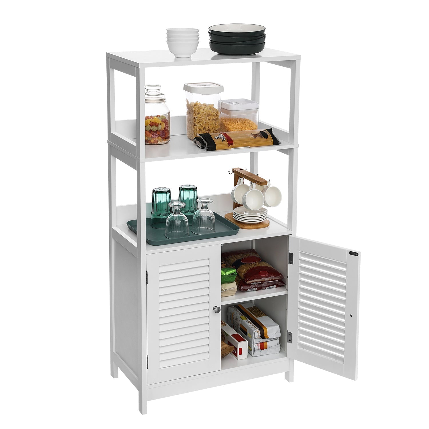 Badezimmerschrank - Hochschrank - mit offenen Fächern und 2 Türen - Weiß