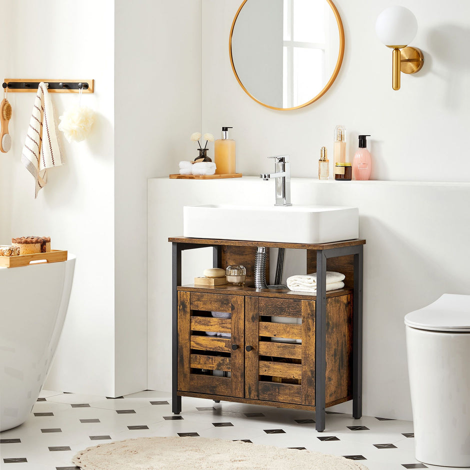 Waschbeckenkoffer - Badezimmerschrank - 2 Türen - Holzblatt - Braun -Black