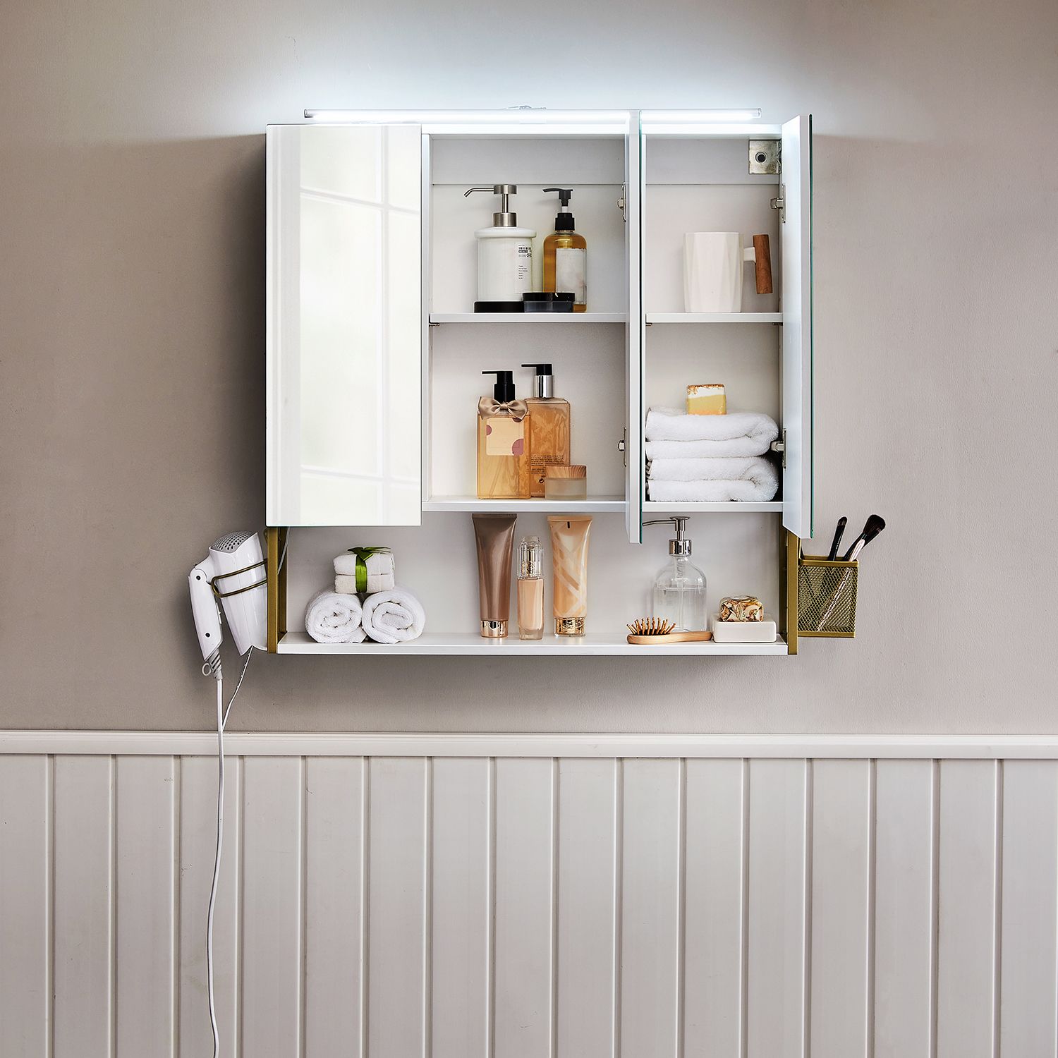 Spiegelschrank - Badezimmerschrank - mit Beleuchtung - Doppeltür - modern - Weiß / Gold