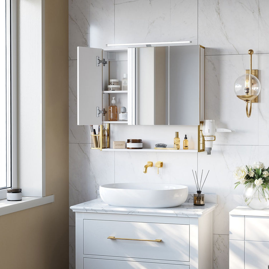 Spiegelschrank - Badezimmerschrank - mit Beleuchtung - Doppeltür - modern - Weiß / Gold