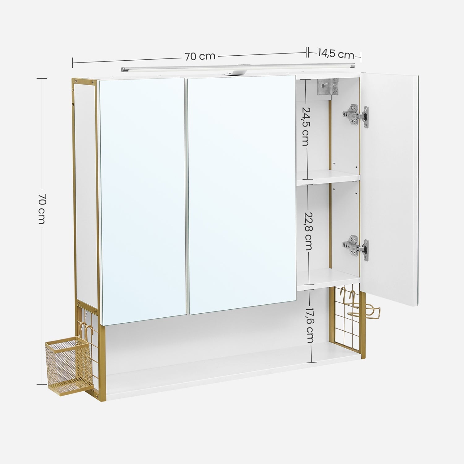 Spiegelschrank - Badezimmerschrank - mit Beleuchtung - Doppeltür - modern - Weiß / Gold