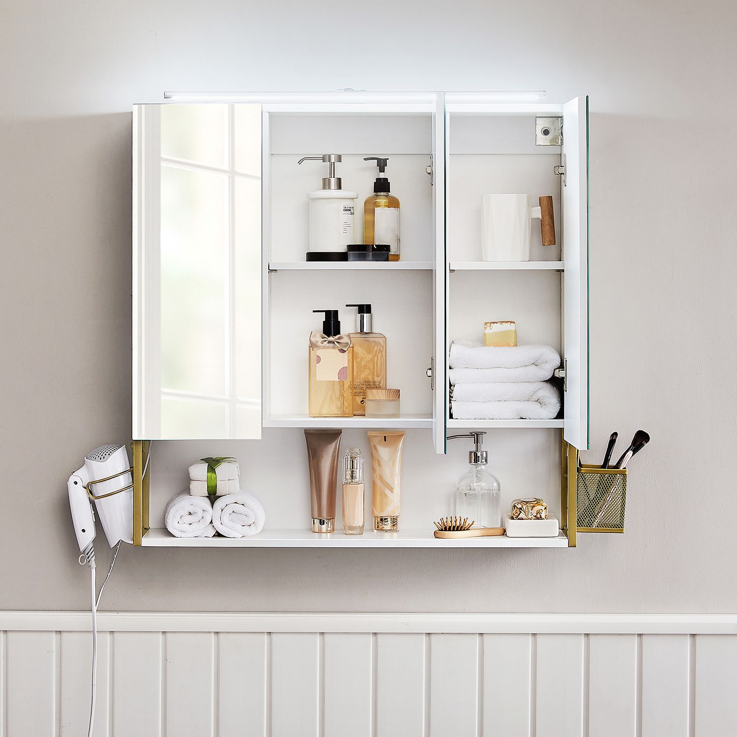 Spiegelschrank - Badezimmerschrank - mit Beleuchtung - Doppeltür - modern - Weiß / Gold