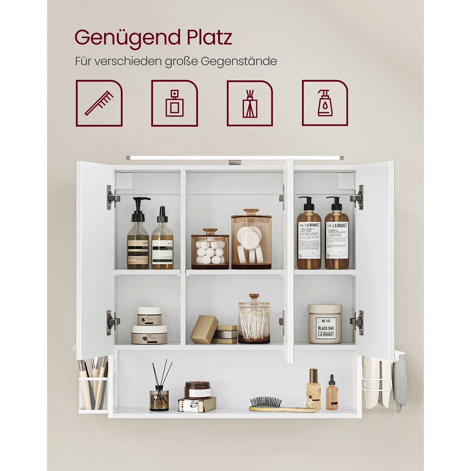Badezimmerspiegelschrank - 3 Türen - mit Beleuchtung und verstellbarer Planke