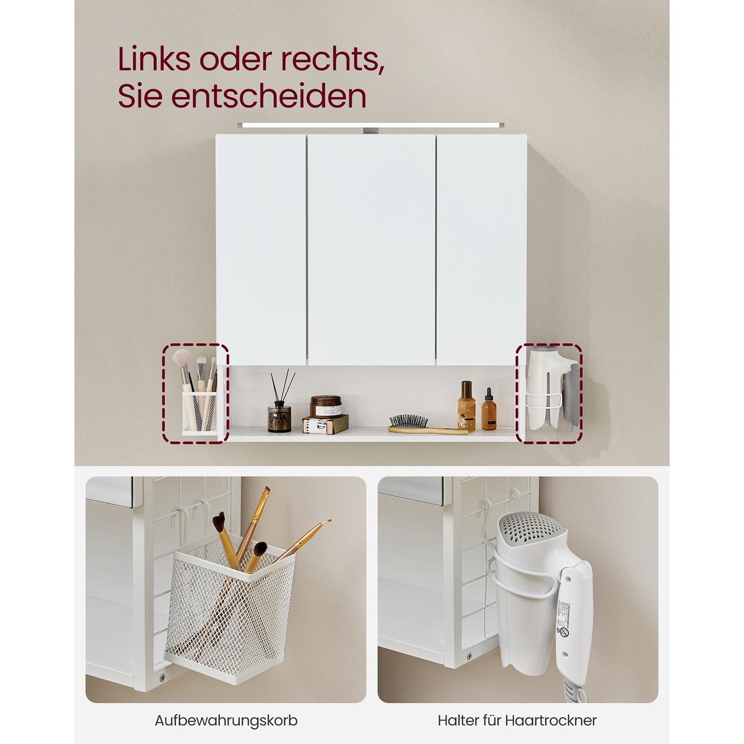Badezimmerspiegelschrank - 3 Türen - mit Beleuchtung und verstellbarer Planke