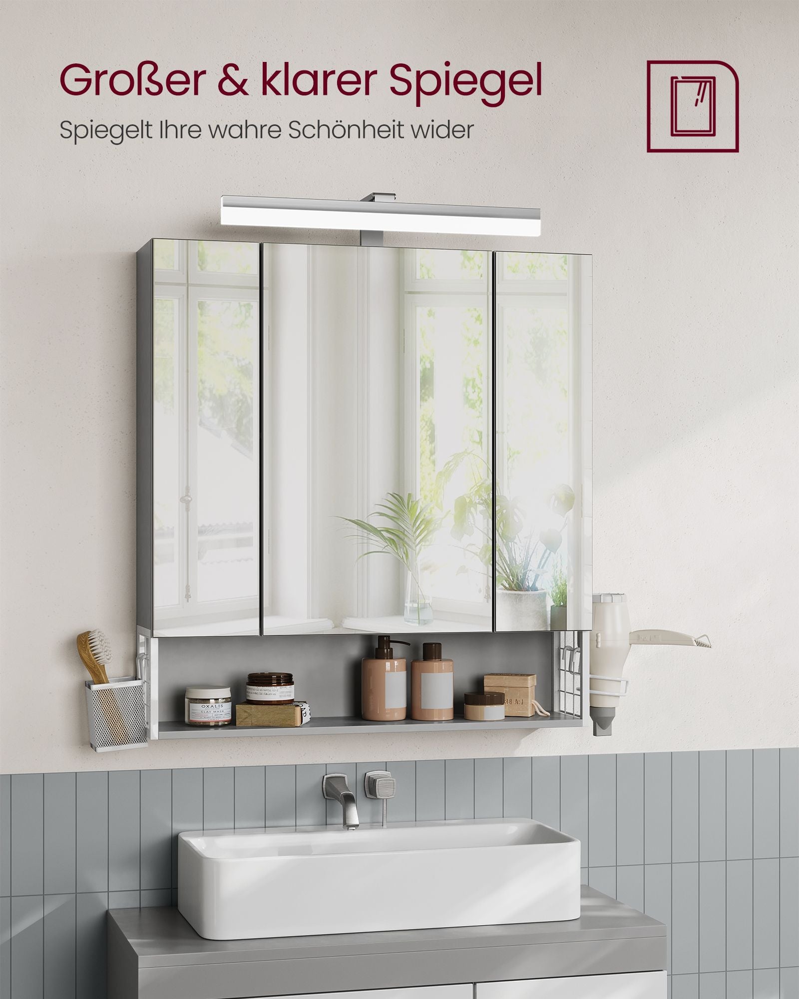 Badezimmermöbel - mit Steckdosen und 3 Türen - Wolkwit und Taubengrau