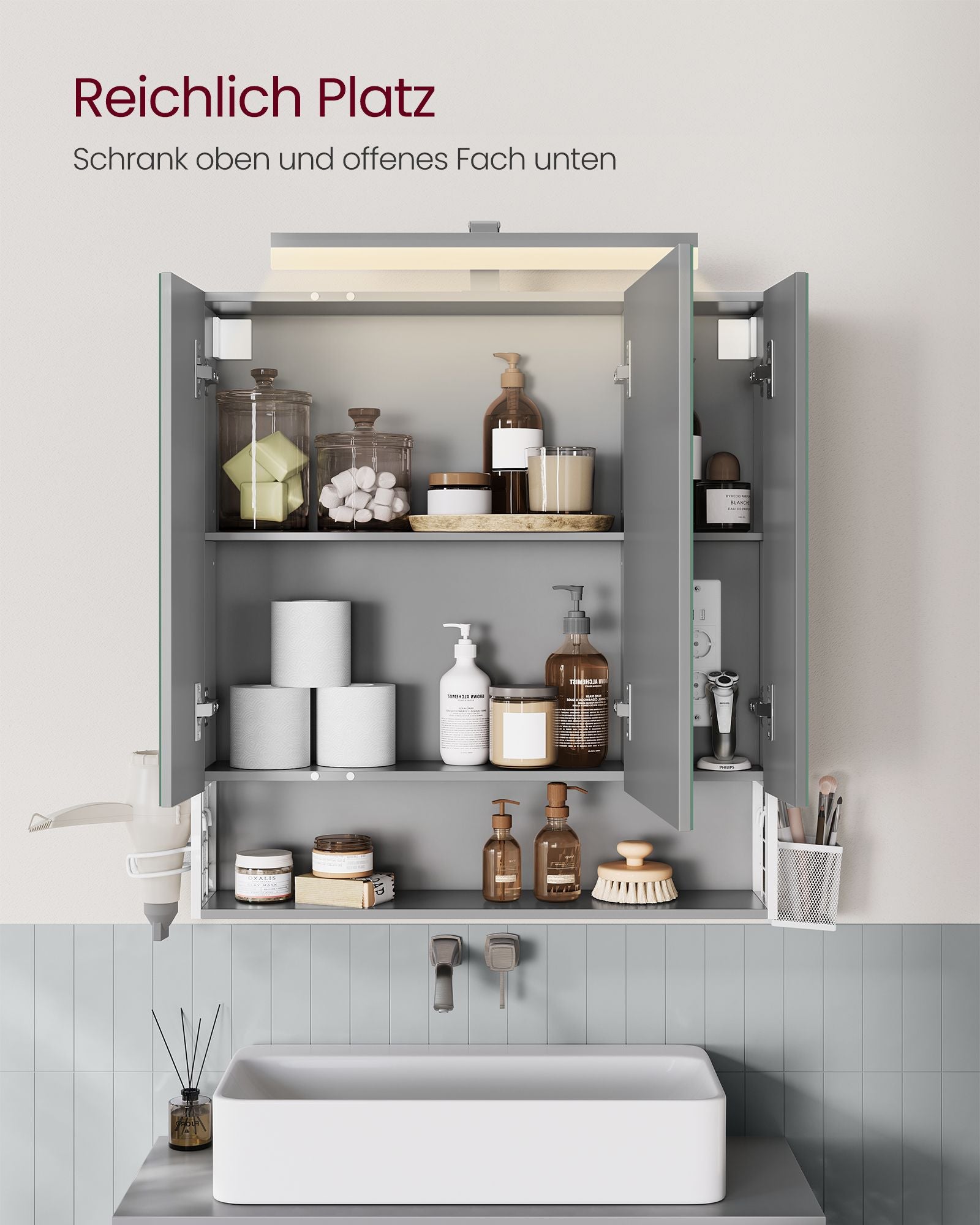 Badezimmermöbel - mit Steckdosen und 3 Türen - Wolkwit und Taubengrau