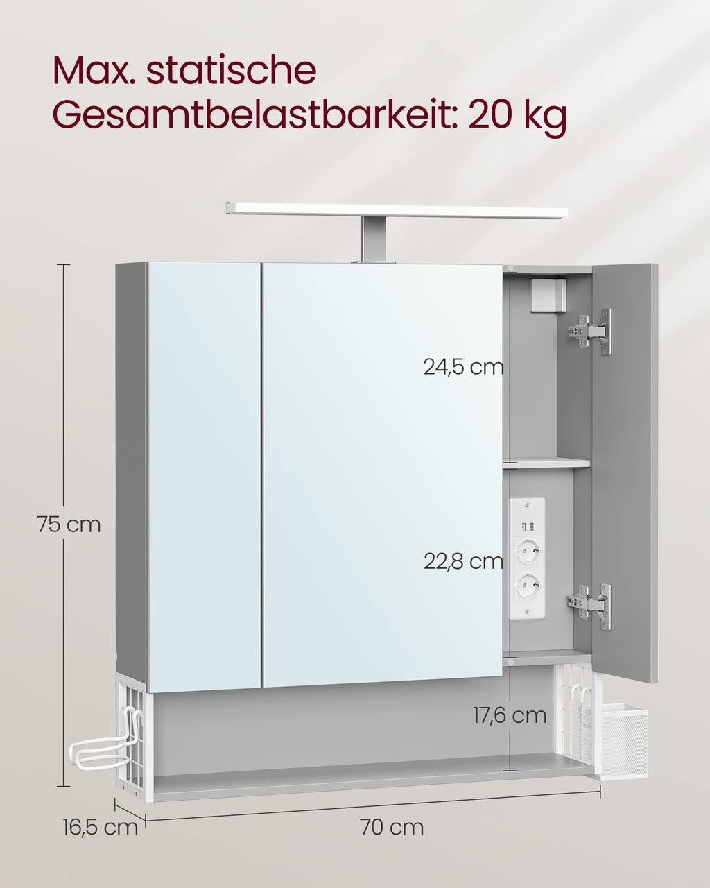 Badezimmermöbel - mit Steckdosen und 3 Türen - Wolkwit und Taubengrau