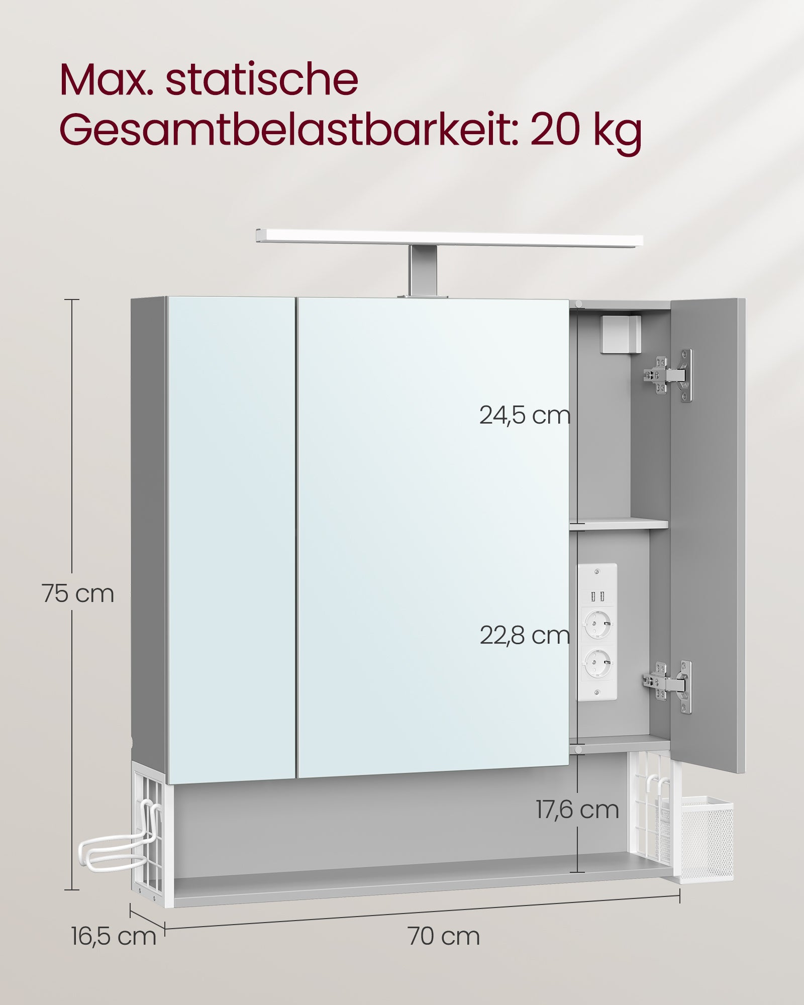 Badezimmermöbel - mit Steckdosen und 3 Türen - Wolkwit und Taubengrau