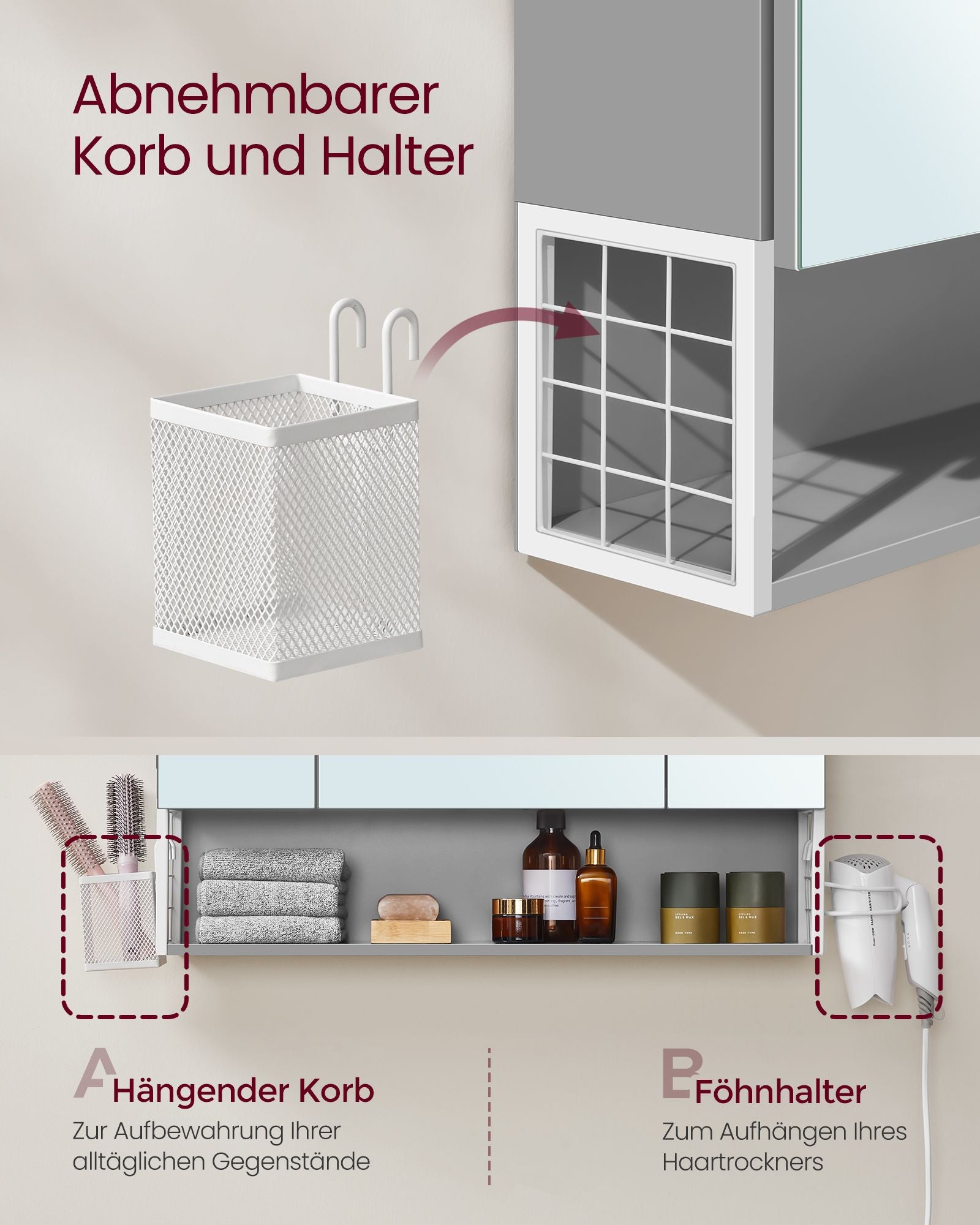 Badezimmermöbel - mit Steckdosen und 3 Türen - Wolkwit und Taubengrau