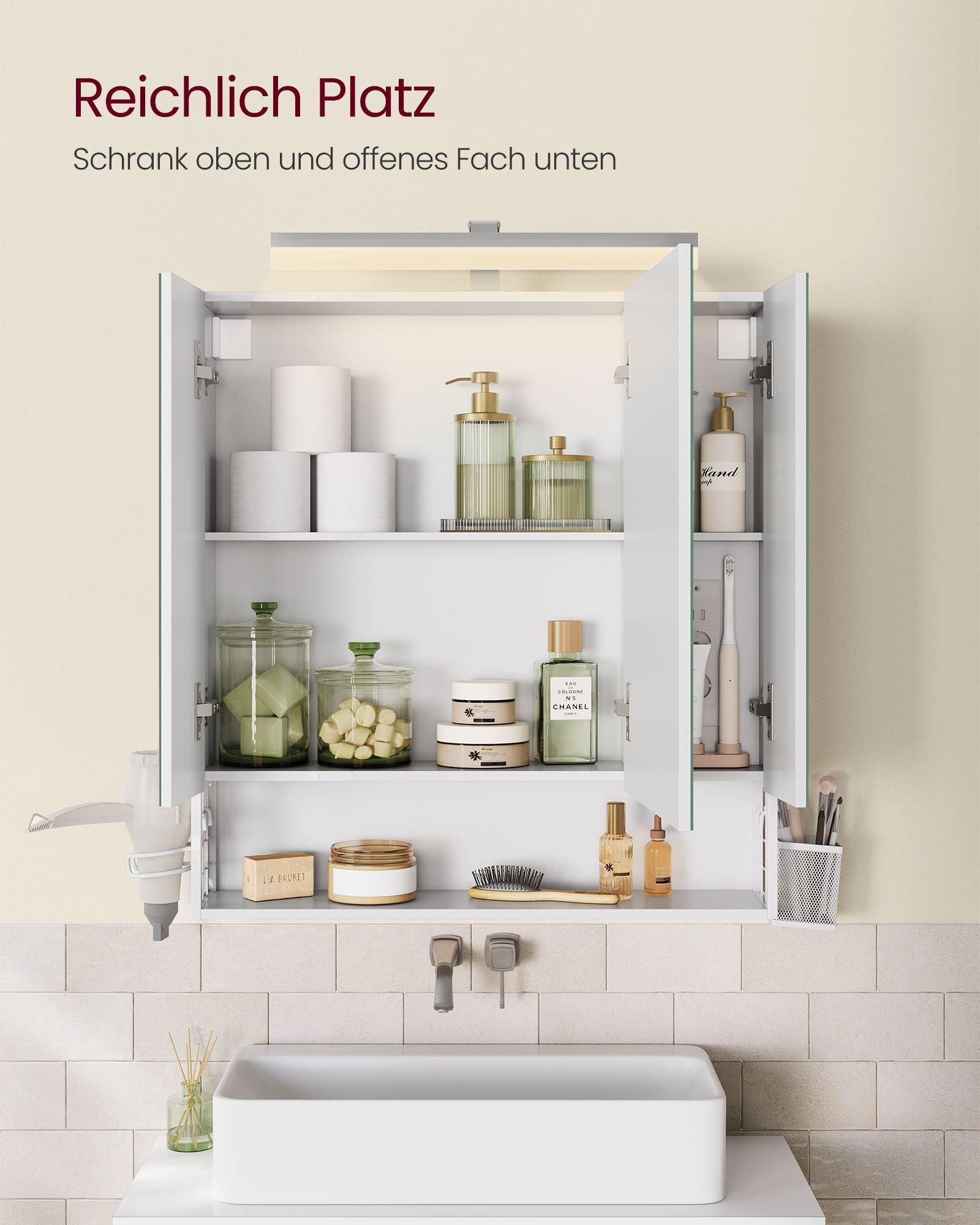 Badezimmermöbel - mit Steckdosen und 3 Türen - Wolkwit