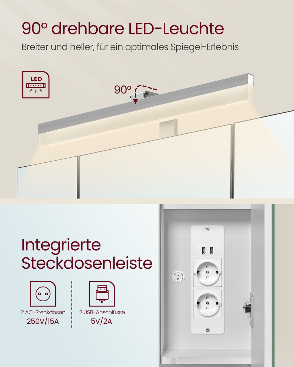 Badezimmermöbel - mit Steckdosen und 3 Türen - Wolkwit