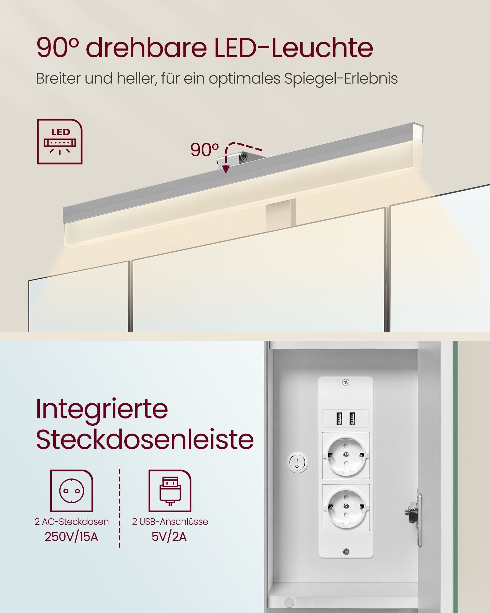 Badezimmermöbel - mit Steckdosen und 3 Türen - Wolkwit
