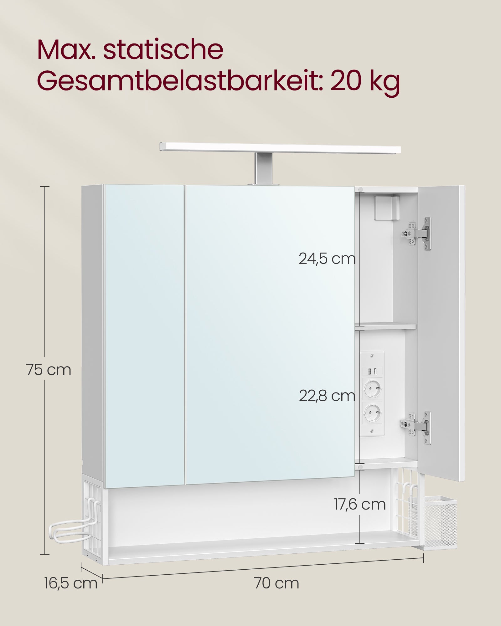 Badezimmermöbel - mit Steckdosen und 3 Türen - Wolkwit