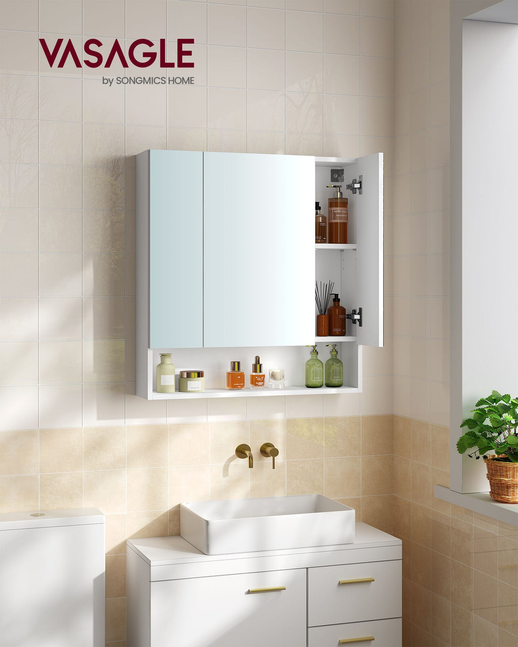 Badezimmerschrank - mit 3 Türen - 16,5 × 70 × 75 cm - Wolkwit
