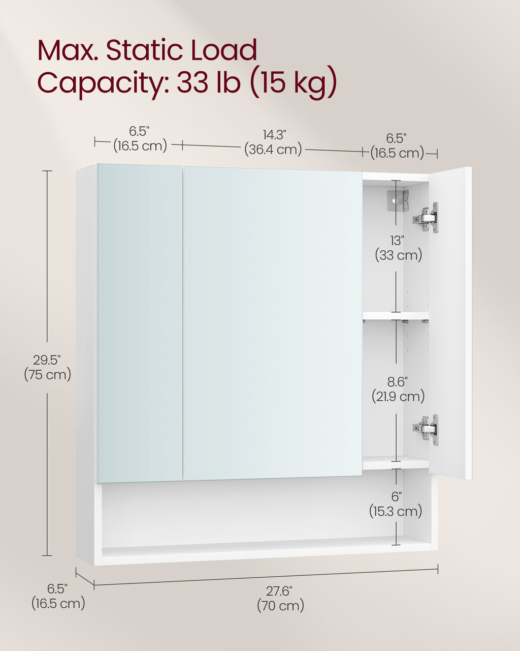 Badezimmerschrank - mit 3 Türen - 16,5 × 70 × 75 cm - Wolkwit