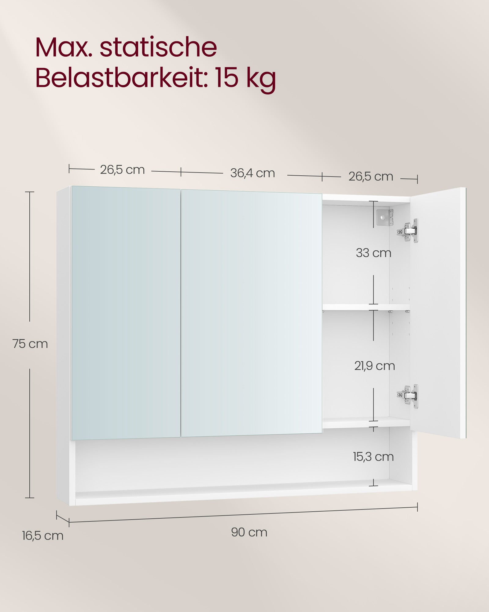 Badezimmermöbel - mit 3 Türen - 16,5 × 90 × 75 cm - Wolkwit