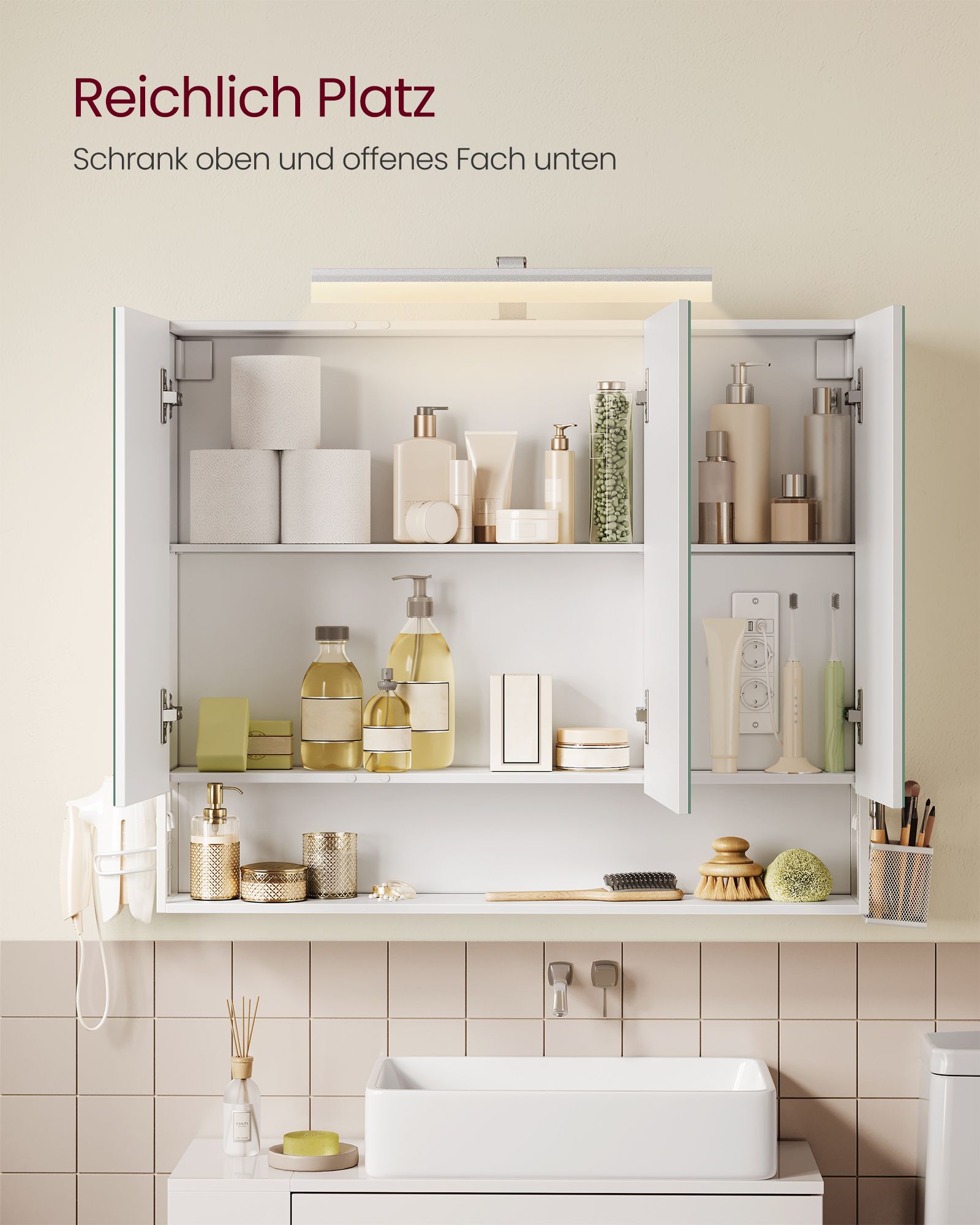Badezimmermöbel mit 3 Türen - 16,5 x 90 x 75 cm - bewölktes Weiß