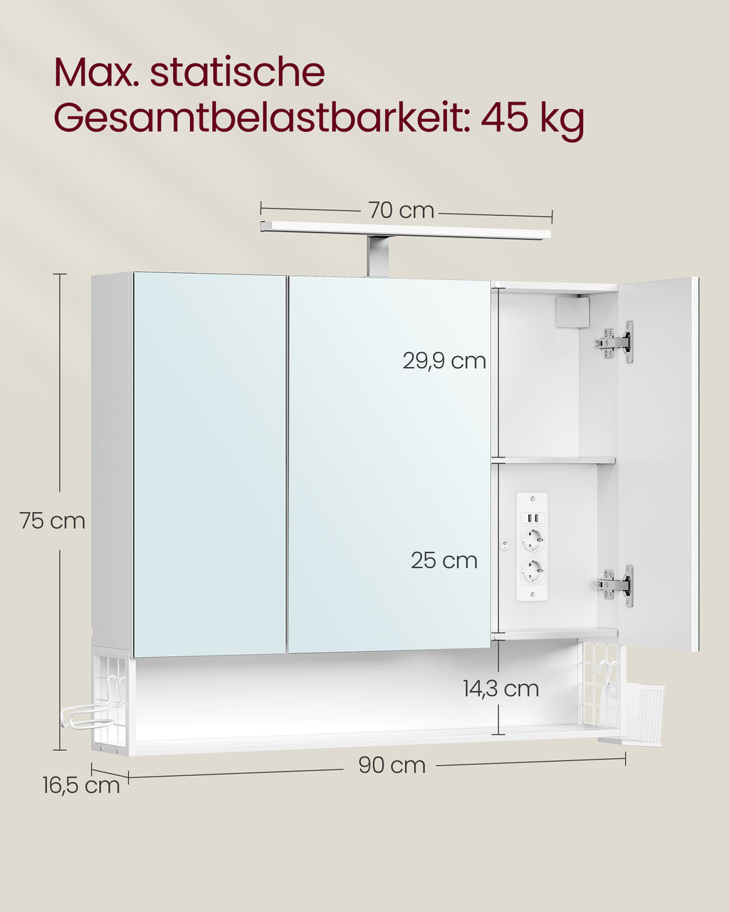 Badezimmermöbel mit 3 Türen - 16,5 x 90 x 75 cm - bewölktes Weiß