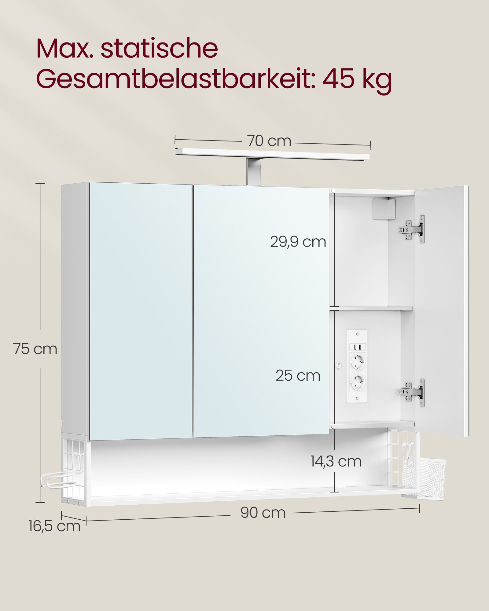 Badezimmermöbel mit 3 Türen - 16,5 x 90 x 75 cm - bewölktes Weiß