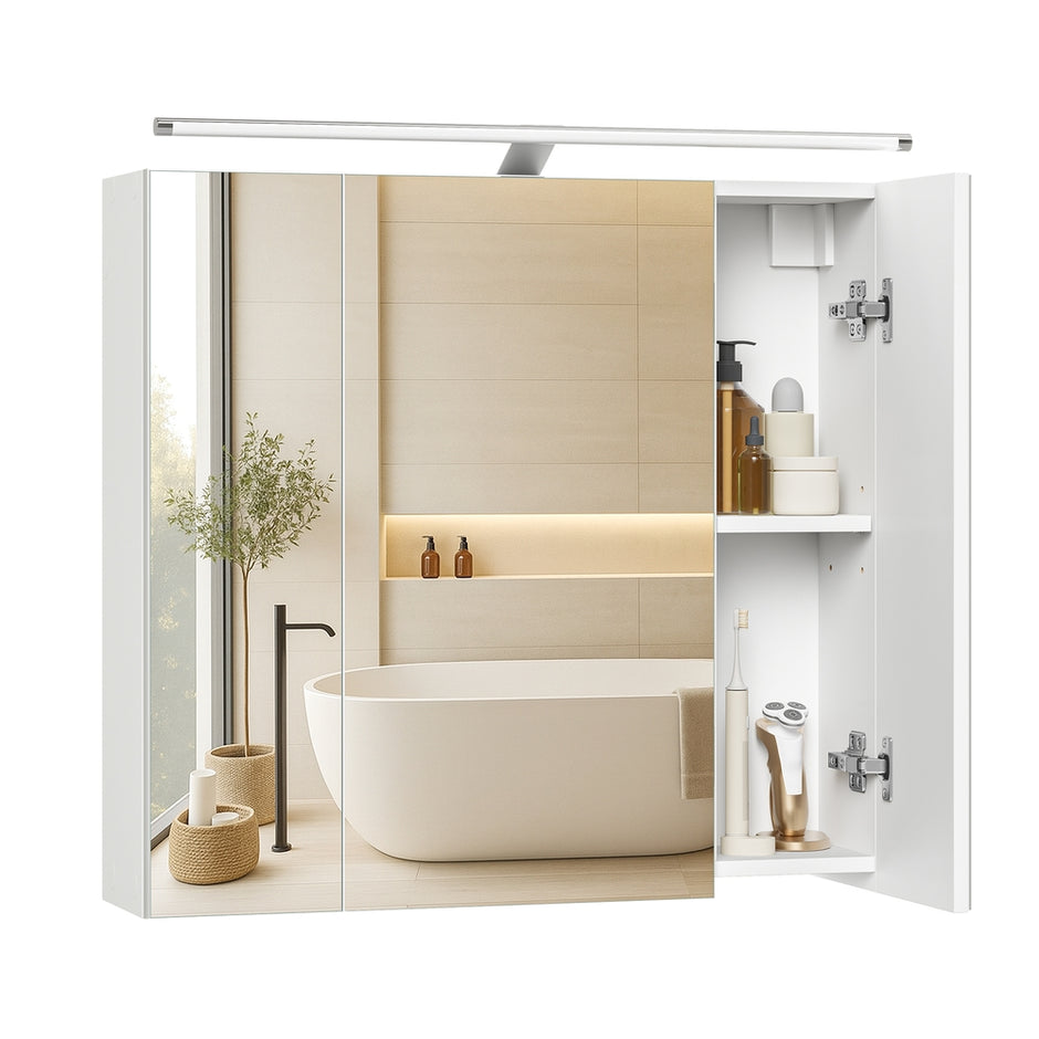 Badkamerspiegelkast - 15 x 70 x 60 cm - 3 deuren - Wolkenwit - 40 kg maximum capaciteit