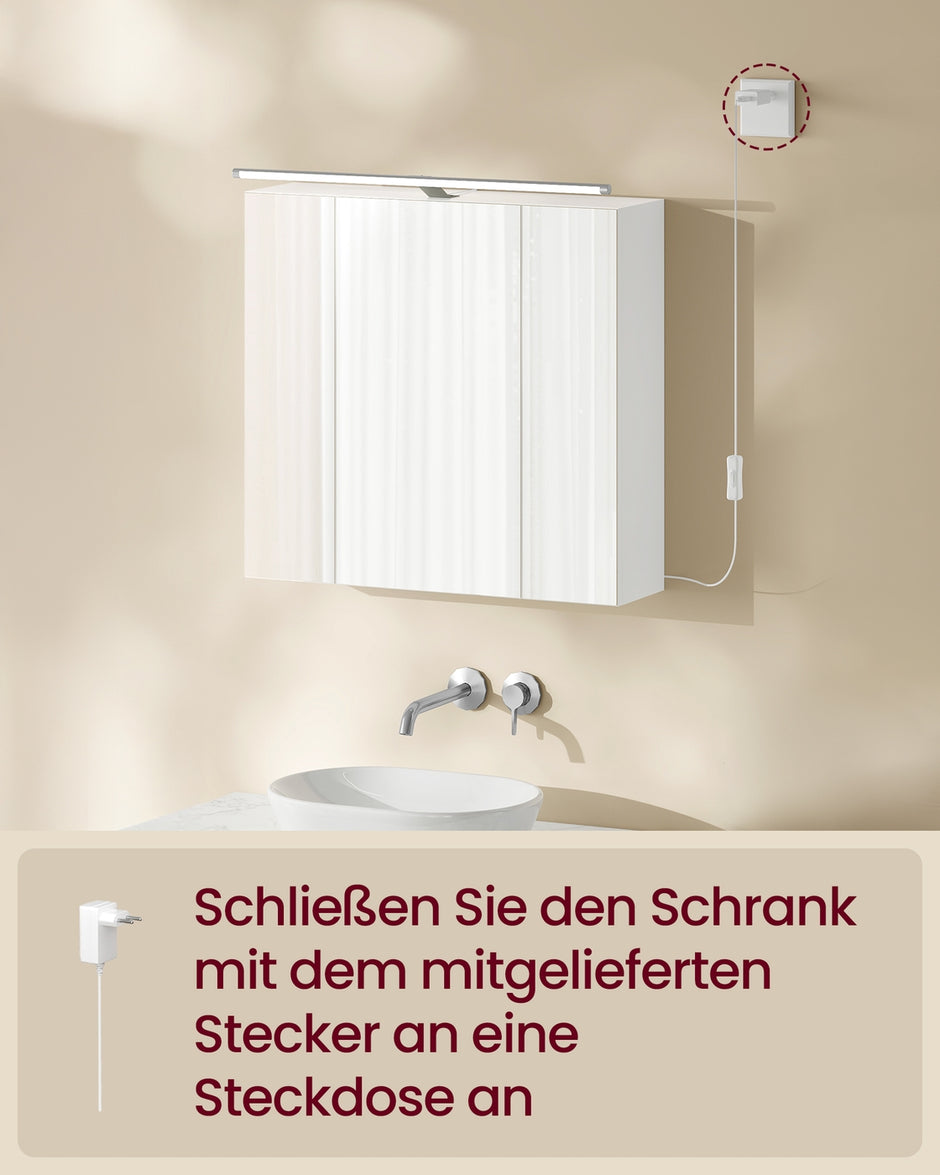 Badkamerspiegelkast - 15 x 70 x 60 cm - 3 deuren - Wolkenwit - 40 kg maximum capaciteit