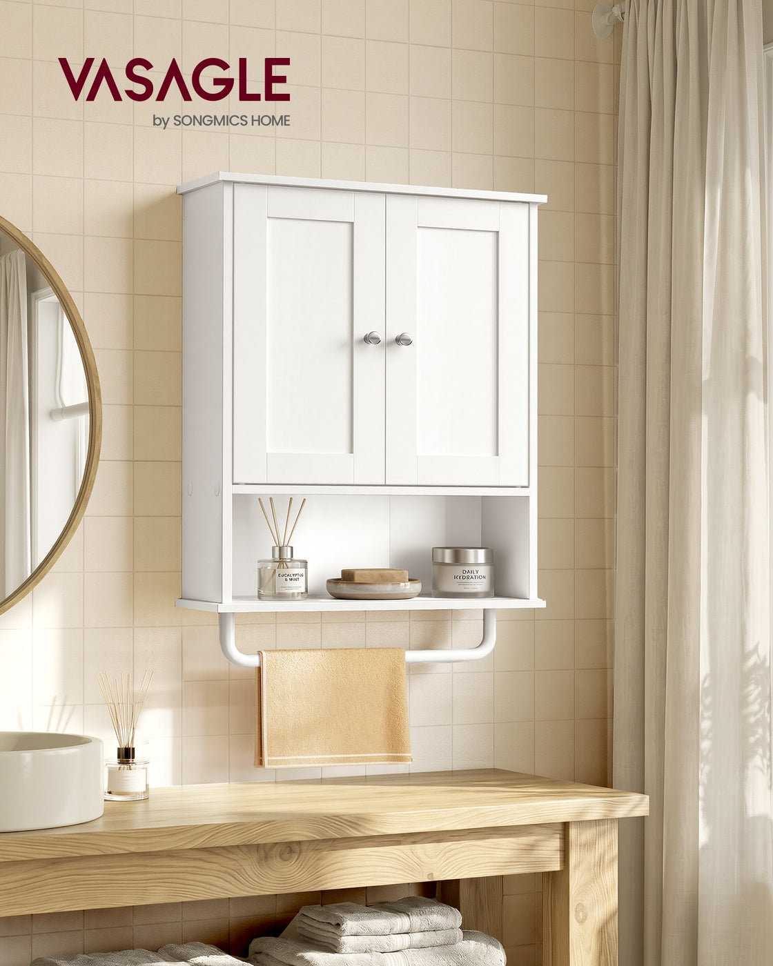 Wandkast - 20 x 56 x 60 cm - Wolkenwit - Verstelbare plank - 2 deuren - Met handdoekrek - Max. draagvermogen 44 kg