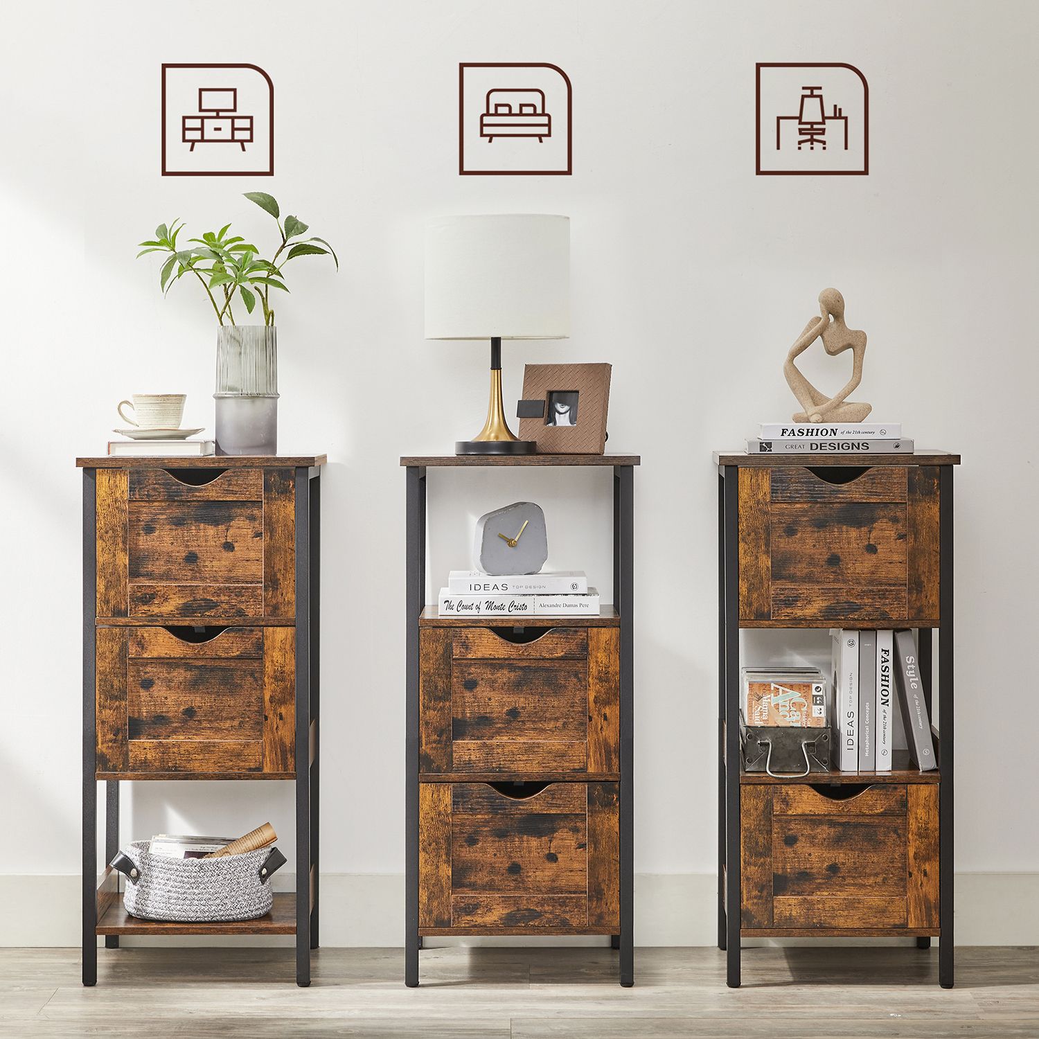 Badezimmerschrank - mit 2 Schubladen - Lagerschrank - Vintage Brown / Schwarz
