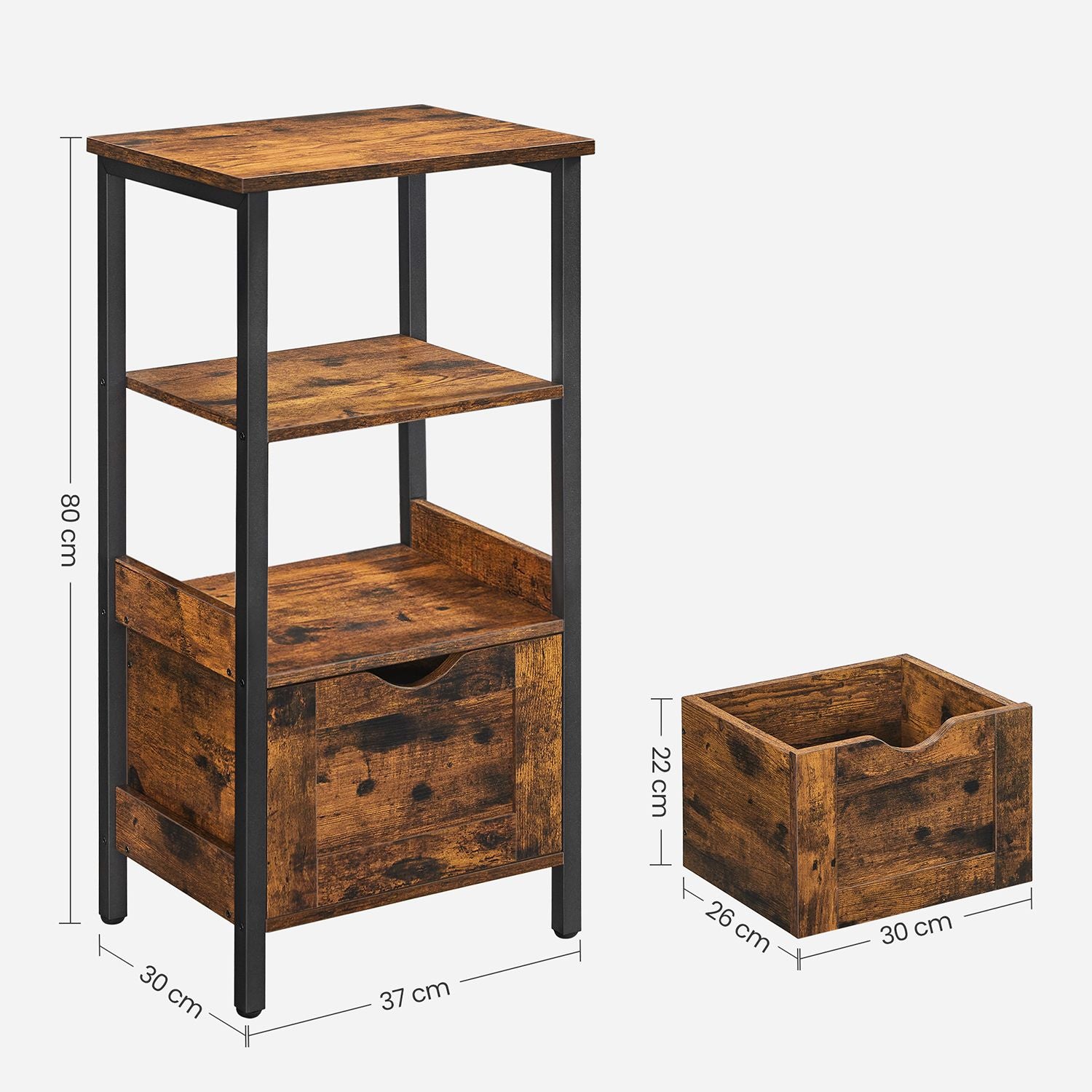 Badezimmerschrank - mit 2 Schubladen - Lagerschrank - Vintage Brown / Schwarz