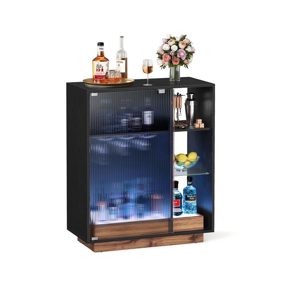 Weinschrank - Getränkeschrank - mit Beleuchtung und Kanalglasetür - Holz - schwarz