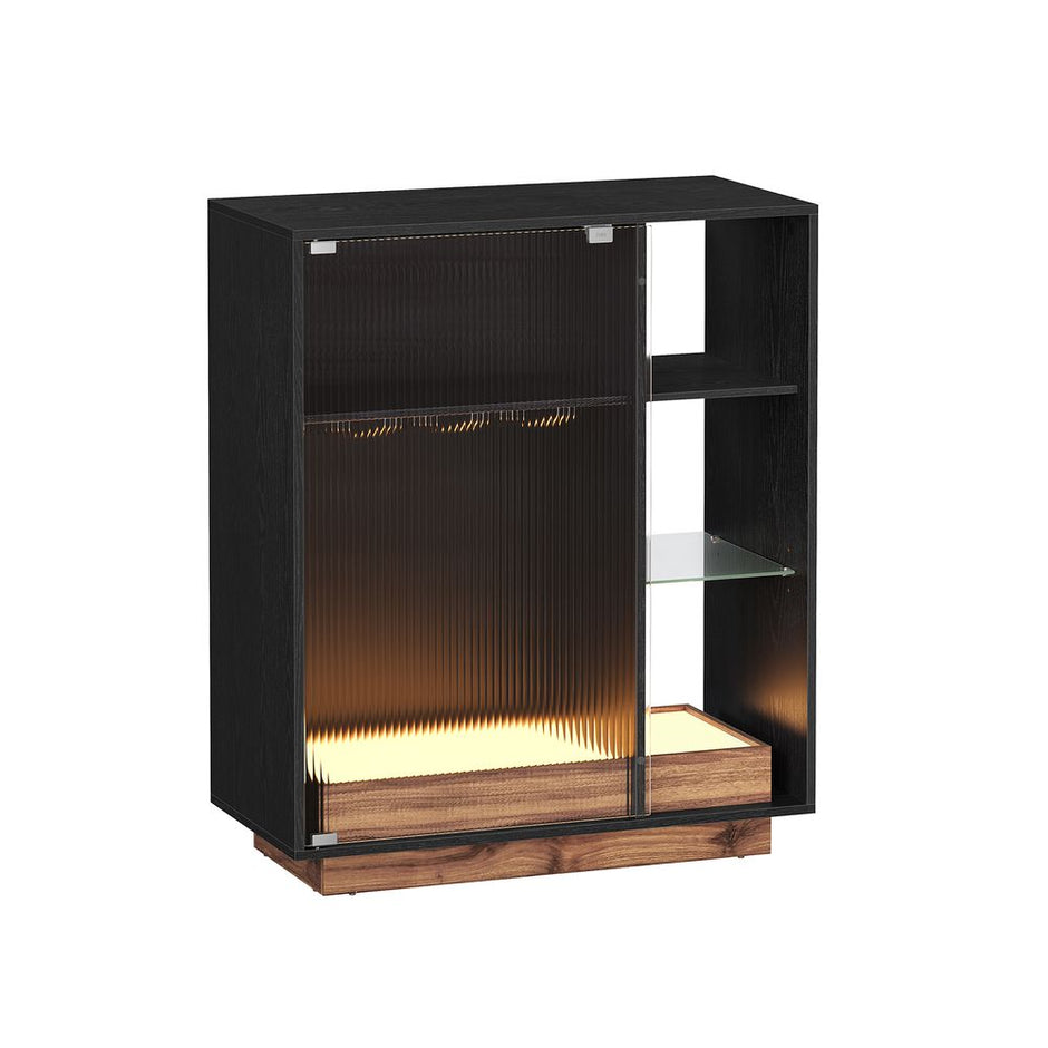 Weinschrank - Getränkeschrank - mit Beleuchtung und Kanalglasetür - Holz - schwarz