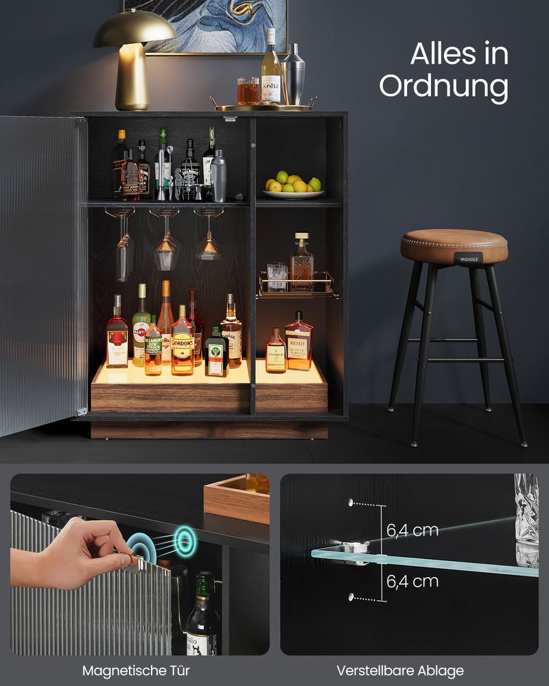 Weinschrank - Getränkeschrank - mit Beleuchtung und Kanalglasetür - Holz - schwarz