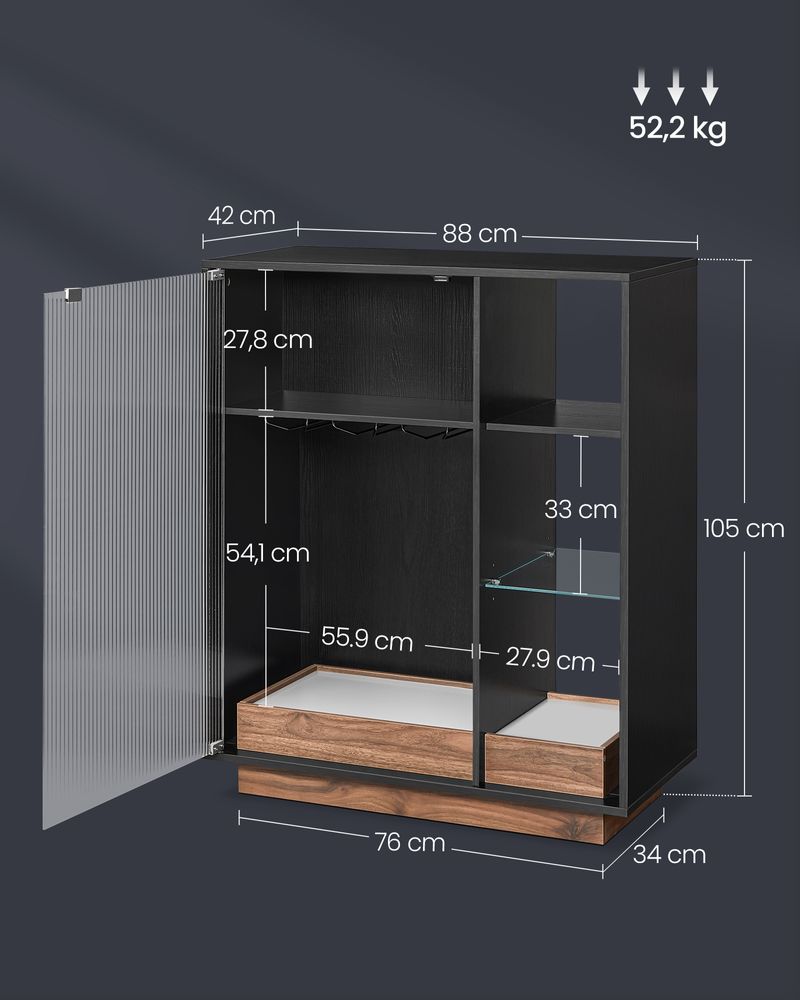 Weinschrank - Getränkeschrank - mit Beleuchtung und Kanalglasetür - Holz - schwarz