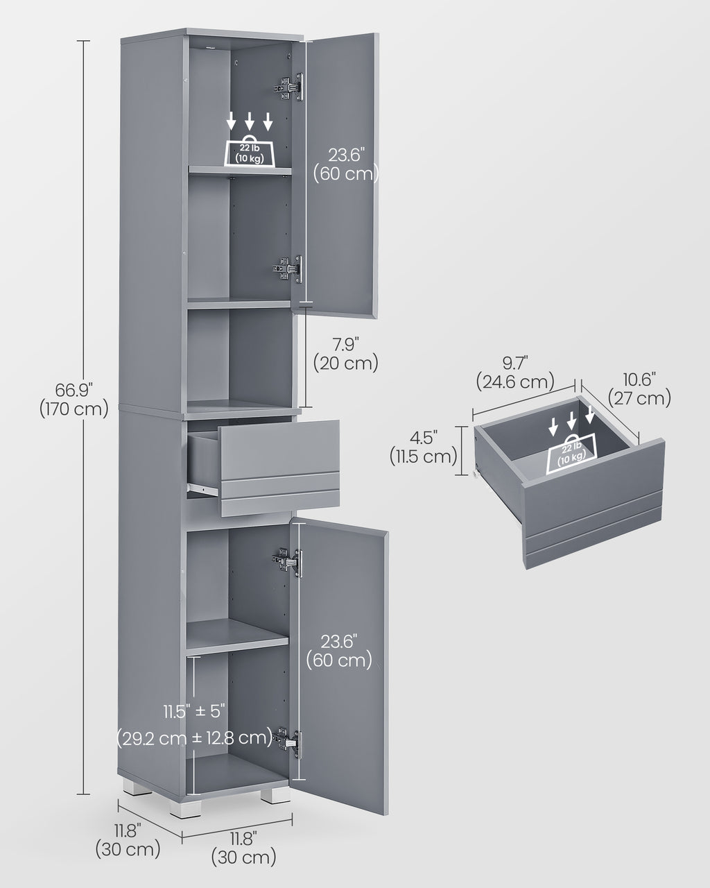 Badezimmerschrank - 30 × 30 × 170 cm - mystisches Grau