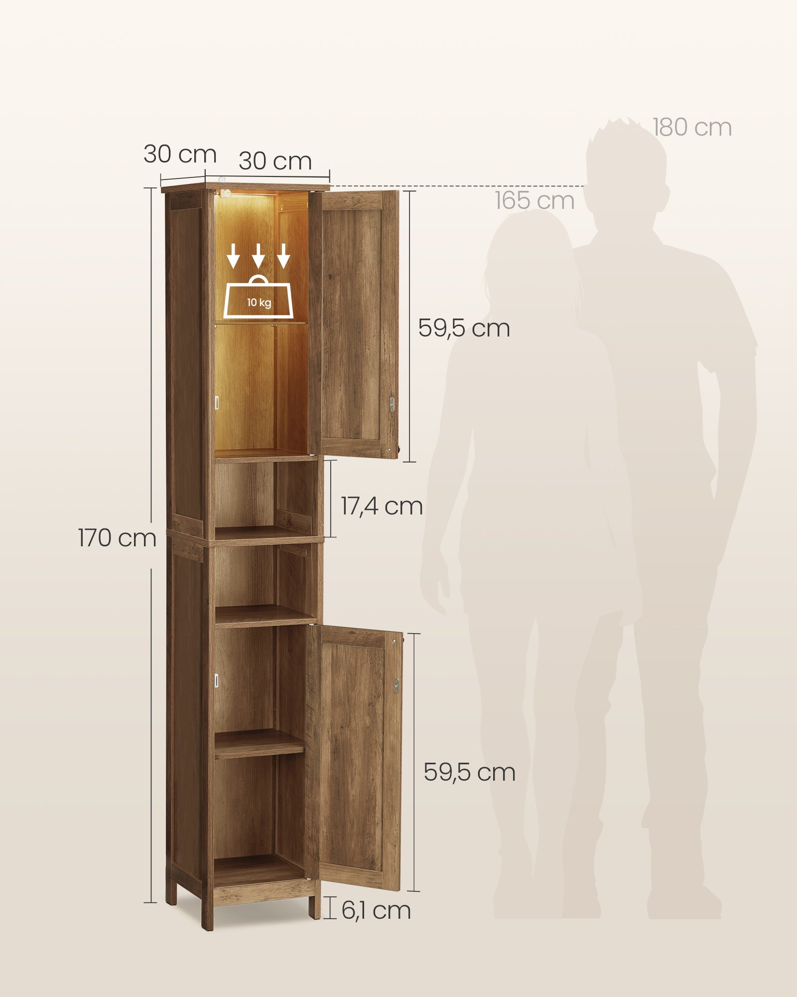 Badkamerkast - 170 cm Hoog - Met Verlichting - Smal - Honingbruin