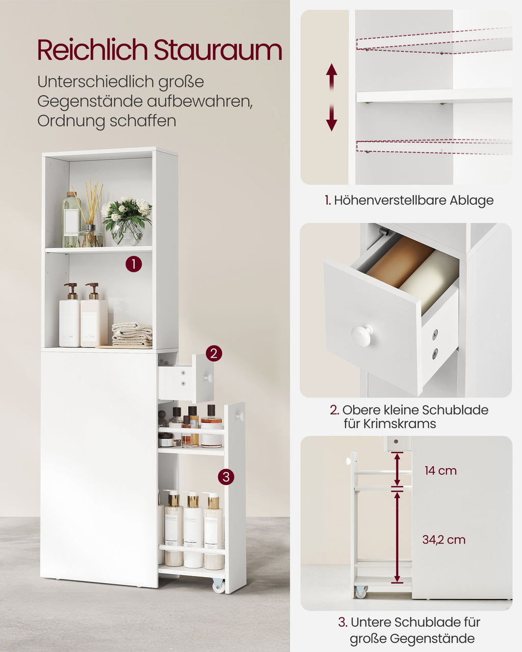 Badezimmerschrank - hoch und schmal - klassisches Weiß