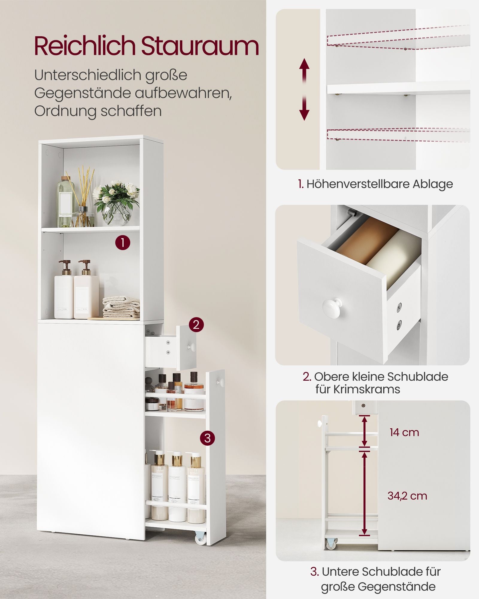 Badezimmerschrank - hoch und schmal - klassisches Weiß