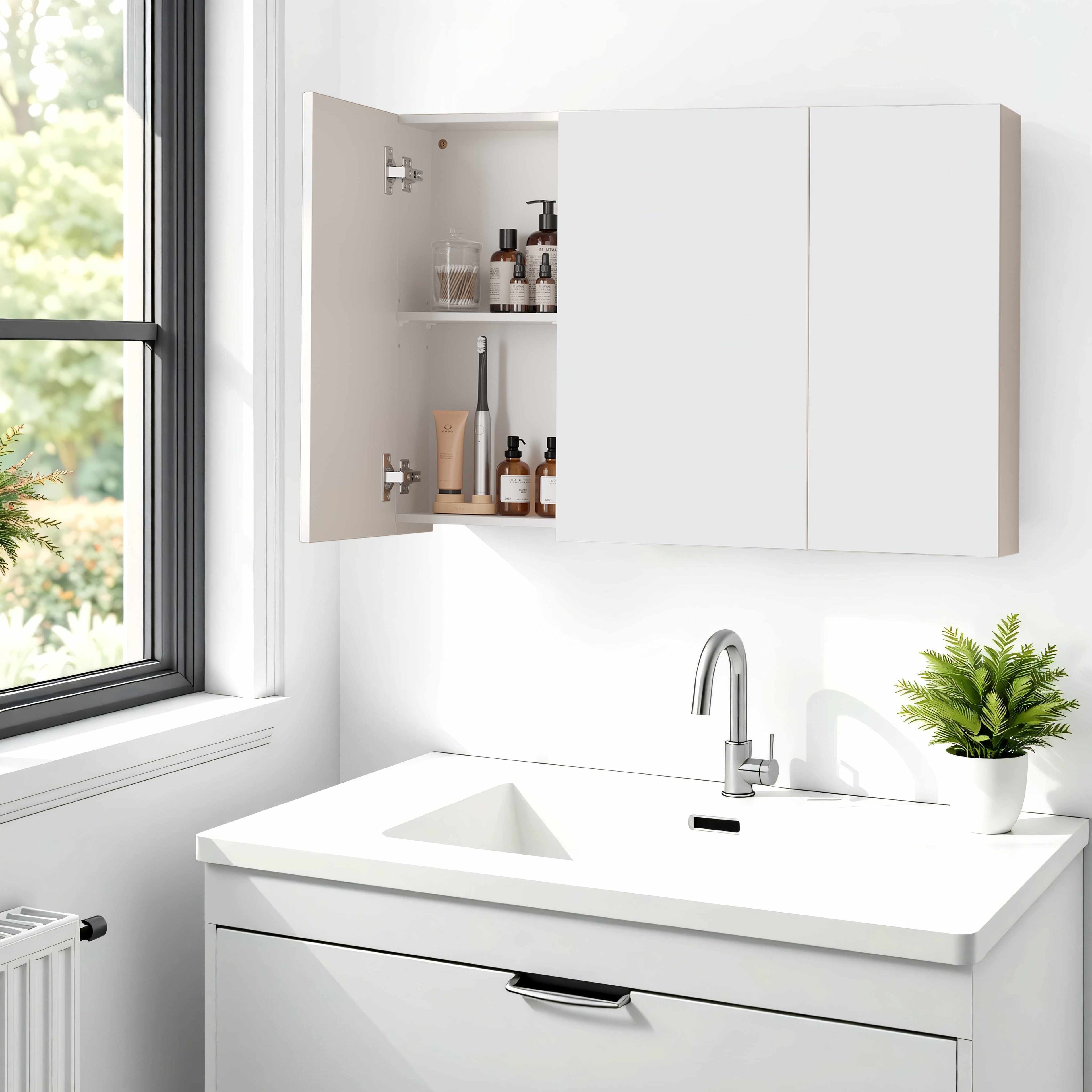 Spiegelschrank - Badezimmerschrank mit 3 Türen und Lagerfächern