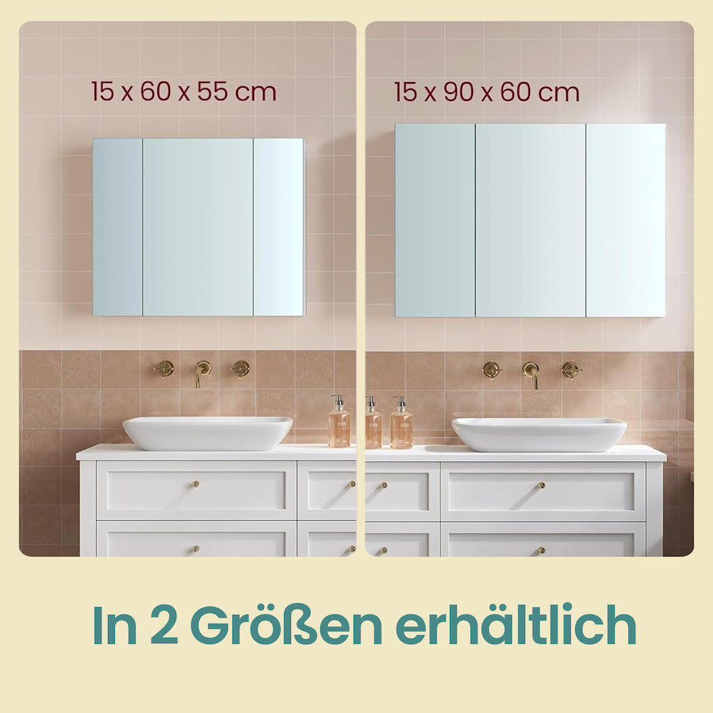 Spiegelschrank - Badezimmerschrank mit 3 Türen und Lagerfächern
