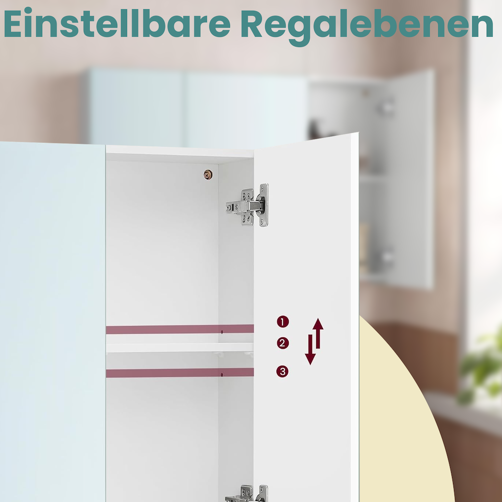 Spiegelschrank - Badezimmerschrank mit 3 Türen und Lagerfächern