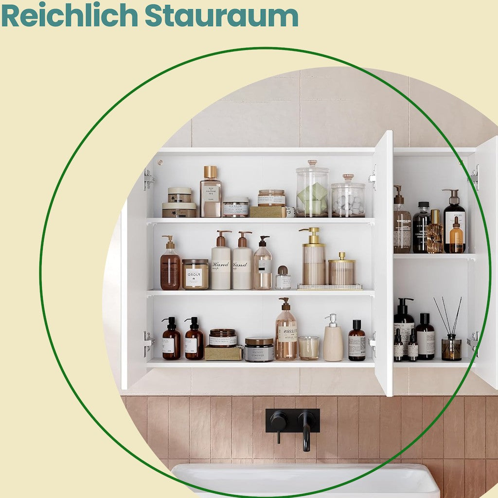 Spiegelschrank - Badezimmerschrank mit 3 Türen und Lagerfächern