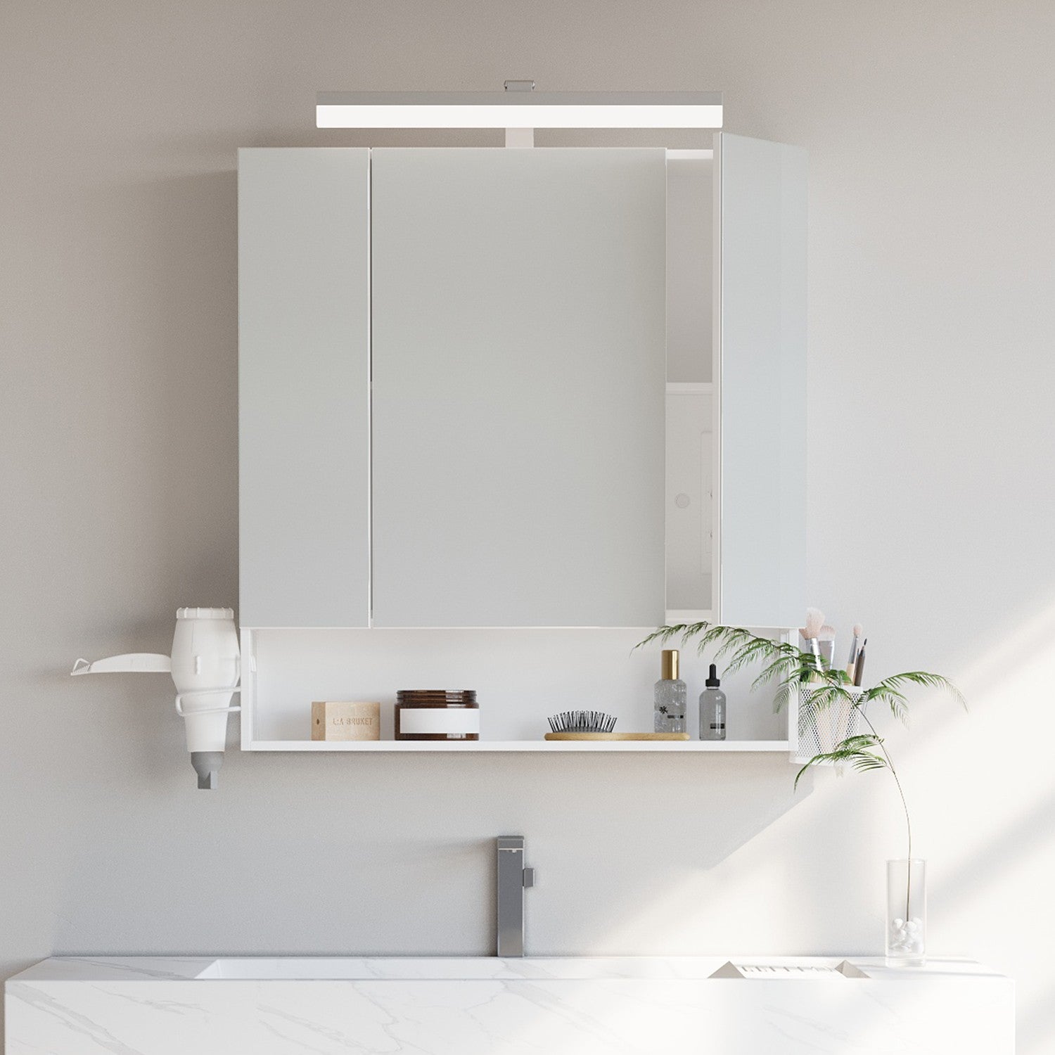 Badezimmermöbel mit LED -Beleuchtung, Steckdosen, Hängekorb