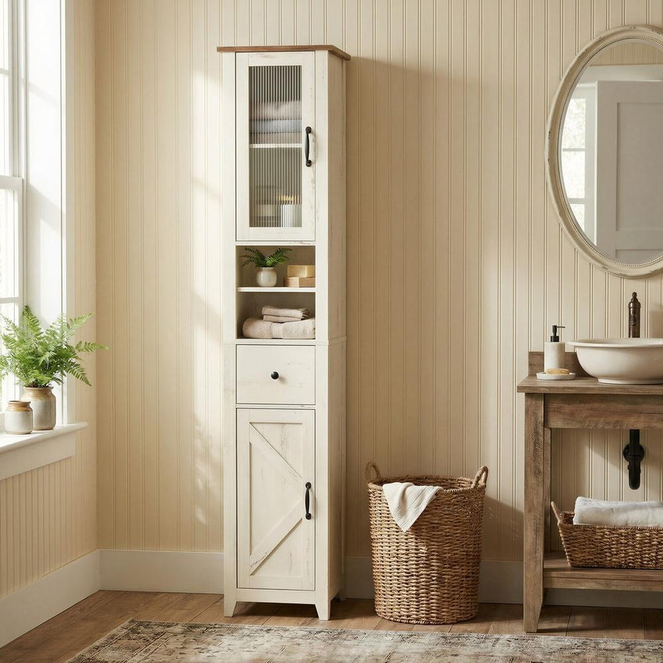 Badkamerkast - Landelijke Stijl - Smal - 171 cm Hoog - Witbruin