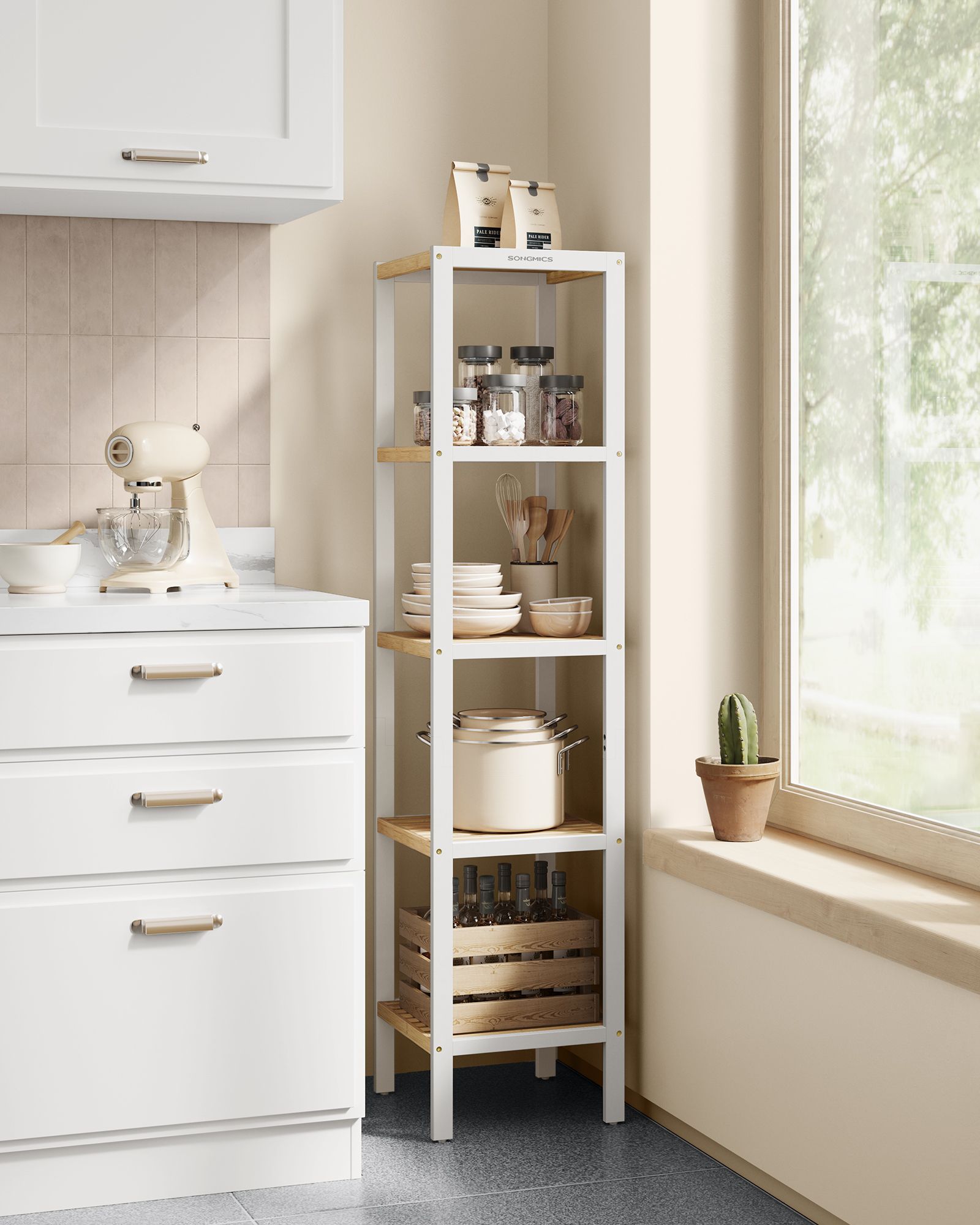 Bambus Badezimmerregal - 5 Schichten - Wolky White & Natural Beige