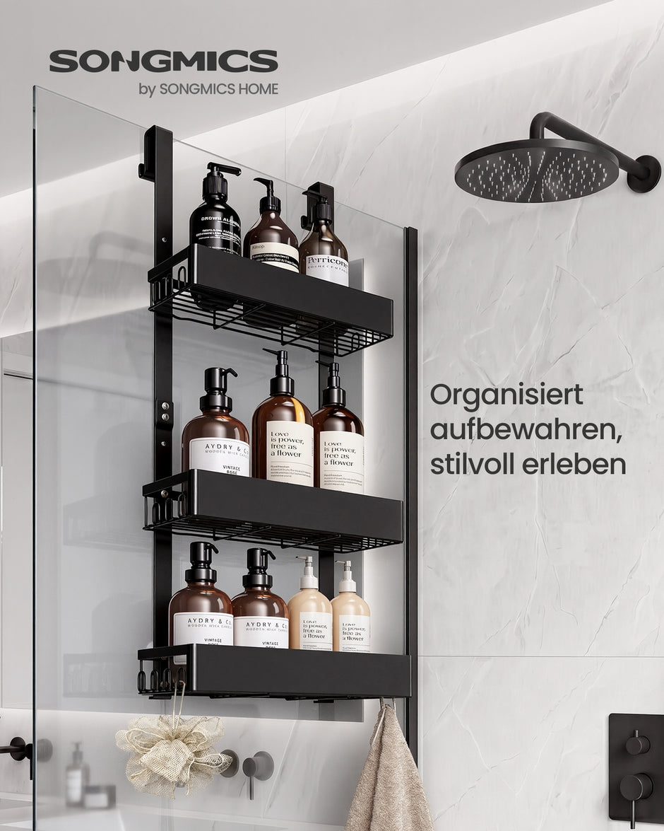 Doucherek om op te Hangen – 3 Lagen – Zonder Boren – Roestvrij – Zwart