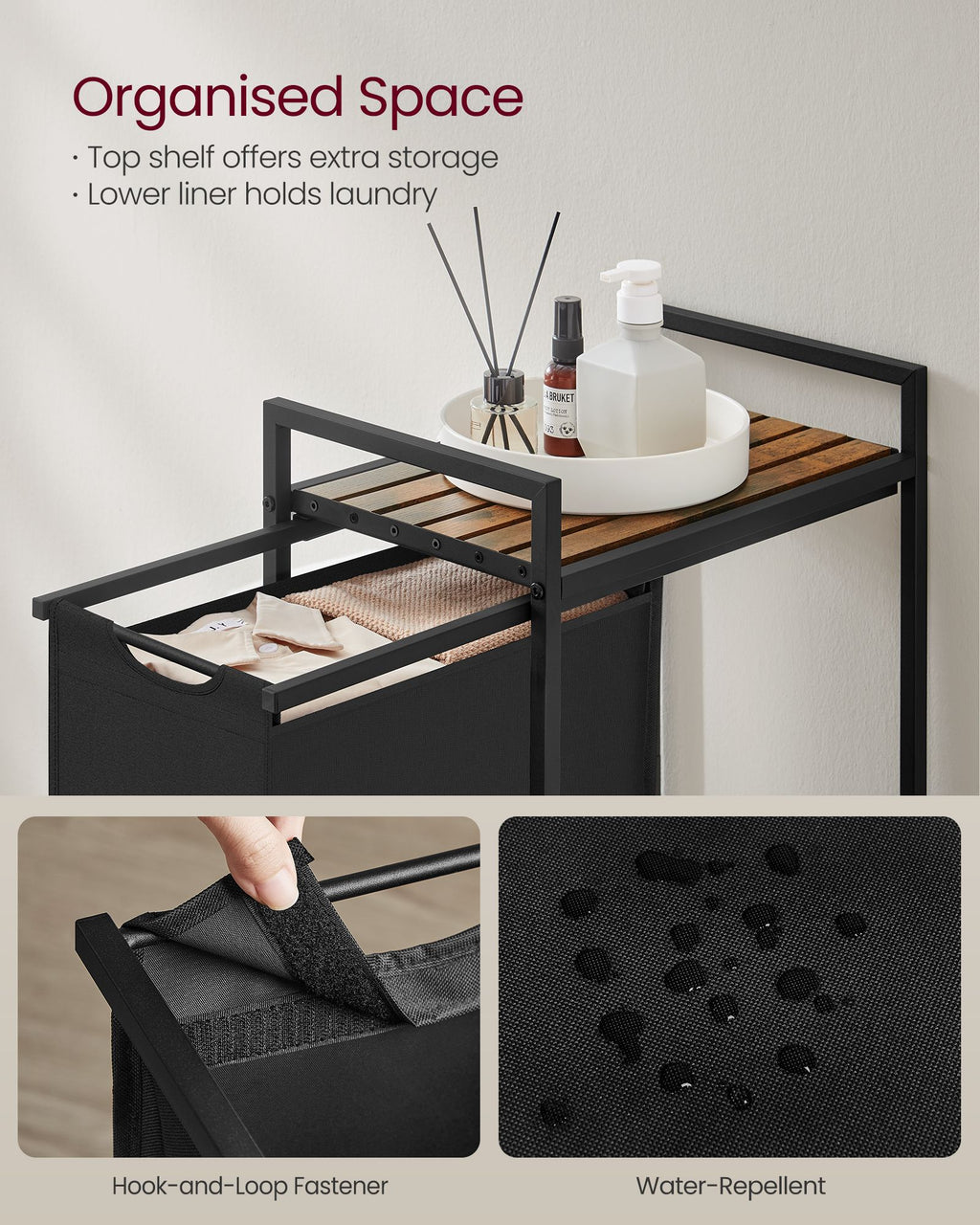 Wäschekorb - mit Planke - Tinte Schwarz und Vintage Braun