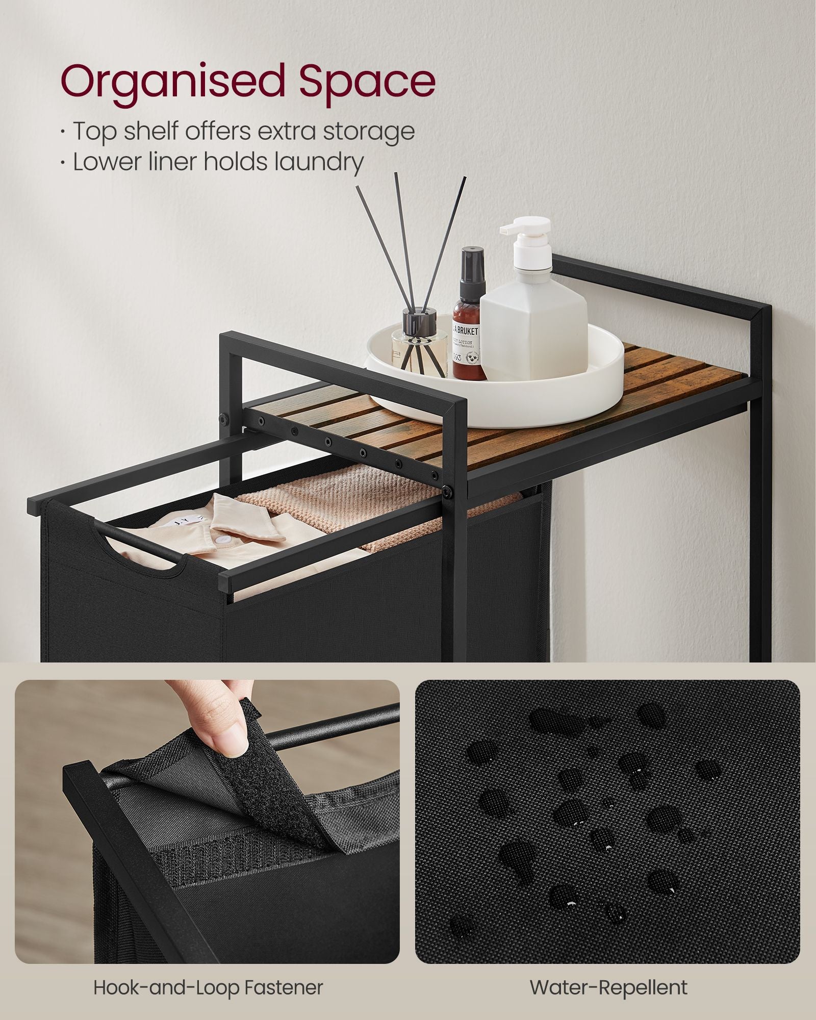 Wäschekorb - mit Planke - Tinte Schwarz und Vintage Braun